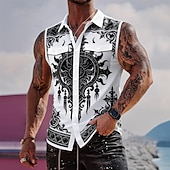 preiswerte Vintage Hemd-Herren Barock- Schnörkelwerk Komplizierte Blumen Hemd Knopfhemd Ärmelloses Shirt Ärmellos Gothic Style Vintage-Retro Outdoor Lässig Sommer Frühling Umlegekragen 3D-Druck Zwei Fronttaschen Blau Wei
