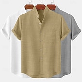 billige Klassisk-Herre Linskjorte Sommerskjorte Uformell skjorte Skjorte med bandkrage عادي Avslappet Strand Svart+Grå+Grønn Svart+Hvit+Grå svart+hvit+grønn svart+khaki+grønn Kortermet Høy krage Vår sommer Sommer Klær