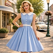 abordables Robes-1950s Retro Vintage Knee Length Dress Swing Dress Flare Dress Normal Sleeveless High Waist Solid Color Fit &amp; Flare Swing Turndown Fancy Dress Women's Event / Party Daily Wear Adults' Dress Belt