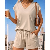 abordables Chándales-Mujer Conjuntos de chándal tipo jersey Chándal de 2 piezas Pantalones cortos deportivos Correa con bolsillo Color sólido Conjunto de ropa deportiva Verano Primavera Caqui Negro Entrenamiento de