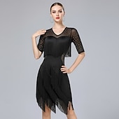 cheap Practice Dresses-Women's Red Mesh Rhinestone Fringe Dance Dress