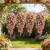abordables Fleurs artificielles-Lot de 2 ou 4 guirlandes de liserons artificiels réalistes (maille 69) à suspendre – fleurs artificielles roses et rouge rosé, résistantes aux UV, idéales pour la décoration intérieure et extérieure,