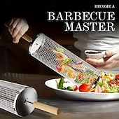 billige Grills og utendørs kokk-3 stk. grillverktøysett i rustfritt stål med trehåndtak (grillrist, grillgaffel, grillkrok), kraftig bærbart grilltilbehør med opphengsløkke, jevn varme for gass kullgrill, camping