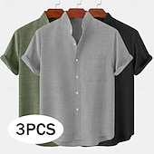 billige Klassisk-Herre Linskjorte Sommerskjorte Uformell skjorte Skjorte med bandkrage عادي Avslappet Strand Svart+Grå+Grønn Svart+Hvit+Grå svart+hvit+grønn svart+khaki+grønn Kortermet Høy krage Vår sommer Sommer Klær