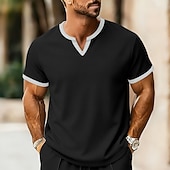 お買い得  ベーシックTシャツ-男性用 ワッフルTシャツ Tシャツ 半袖シャツ ティートップ 半袖 Ｖネック 夏 春 純色 ストリートファッション スタイリッシュ カジュアル パッチワーク 日常 アウトドア ストリートウェア ワイン メンズトップTシャツ
