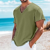 رخيصةأون تي شيرتات قطن ولين-رجالي تي الأعلى تي شيرت كتان كم قصير V رقبة الصيف سهل موضة مصمم أساسي ناعم عطلة كاجوال / يومي شاطئ أزرق فاتح أبيض زهري تي شيرت للرجال