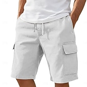 cheap Classic-Men's Cargo Shorts Linen Shorts Summer Shorts Beach Shorts Drawstring Elastic Waist Basic Plain Knee Length Outdoor Beach Vacation Hawaiian Blue Black Inelastic