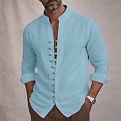 cheap Classic-Men's Shirt Linen Shirt Summer Shirt Casual Shirt Button Up Shirt Plain Casual Daily Blue Black White Pink Long Sleeve Stand Collar Summer Spring Clothing Apparel Button Front