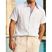 abordables Clásico-Hombre Camisa Camisa de lino Abotonar la camisa Plano Vacaciones Calle Negro Blanco Caqui Gris Oscuro Manga Corta Cuello Camisero Verano Primavera Ropa Bolsillo