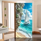 cheap Garage &amp; Door Banners-Scenic Coastal Sea View Sailboat Yacht on Turquoise Water with Rocky Cliff and White Flowers Beach Door Banner Cover Wall Tapestry for Home Interior Wall Decoration Front Door Entryway