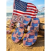  Women's USA 250th Anniversary Patriotic Flip Flops - Star and Stripe Pattern Thong Sandals with Gold Buckle for 2026 Independence Day, Beach Vacations & Summer Parades