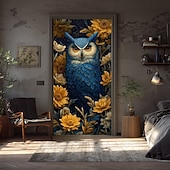 halpa Garaasi- ja ovibannerit-sininen pöllö keltaisilla auringonkukilla keskiyön kukkataide tähtitaivas ovibanneri seinävaate autotallin oven banneri kodin sisustus etuoven koristelu eteisen sisustus sisällä ja ulkona