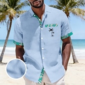cheap Tropical Plants-Men's Coconut Tree Tropical Plants Hawaiian Shirt Crinkle Shirt Seersucker Shirt Short Sleeve Hawaiian Beach Vacation Wear Summer Spring Turndown Soft Button Up Shirts Blue White Pink Green