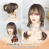 Недорогие Исторические парики-Парик омбре с челкой для женщин, коричневый, смешанный с карамельно-блондинистыми прядями, кудрявые и волнистые парики, многослойная прическа, синтетические парики для повседневной носки и вечеринок,