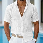 abordables Vacances-Homme Chemise Chemise en lin Chemise Décontractée Chemise Boutonnée Chemise en coton Uni Occasionnel Plage Bleu Noir Blanche Rose Claire Manche Courte Col Rabattu Été Vêtement Tenue Pur