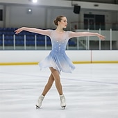 cheap Figure Skating Dresses-Figure Skating Dress Women's Ice Skating Dress Sky Blue Patchwork Asymmetric Hem Stretchy Training Competition Skating Wear Classic Crystal / Rhinestone Long Sleeve Ice Skating Figure Skating