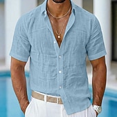 abordables Vacances-Homme Chemise Chemise en lin Chemise Décontractée Chemise Boutonnée Chemise en coton Uni Occasionnel Plage Bleu Noir Blanche Rose Claire Manche Courte Col Rabattu Été Vêtement Tenue Pur