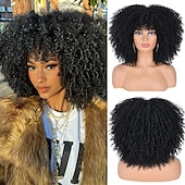 Недорогие Парик из искусственных волос без шапочки-основы-Кудрявые афро-парики для чернокожих женщин, афро-парик с челкой, без клея, пышный и объемный, как бомба, подходит для повседневной носки и работы, черный цвет