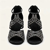 billiga Klacksandaler-Dam Klackar Sandaler Plusstorlekar Glittrande sandaler Fest Utomhus Dagligen Ensfärgat Solid färg Sommar Vår Strass Högklackat Öppen tå Elegant Sexig Klassisk Satäng Dragkedja Svart