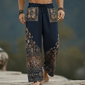 Χαμηλού Κόστους Ανδρικό εμπριμέ casual παντελόνι-Ανδρικά Φλοράλ Etnic Λουλούδια Παντελόνια Φαρδύ παντελόνι Casual παντελόνι Μεσαία Μέση Μποέμ Vintage ρετρό Σπίτι ΕΞΩΤΕΡΙΚΟΥ ΧΩΡΟΥ Διακοπές Ελαστική μέση με κορδόνι Παντελόνι σε σχήμα λινού με τσέπες
