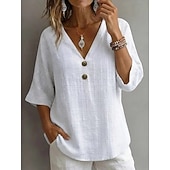  Femmes Chemises effet lin Chemisier Chemise en faux lin Boutons Couleur Unie Quotidien Élégant Basique Manche 3/4 Col en V Hauts Réguliers Quotidien Bleu Blanche Jaune Vert Gris Été Printemps Automne