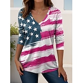  Ημέρα Αμερικανικής Ανεξαρτησίας Γυναικεία Μπλουζάκι Στάμπα Γραφική Αμερικάνικη σημαία Βίντατζ Στυλάτο Κλασσικό Μακρυμάνικο Λαιμόκοψη V Μακριές μπλούζες Καθημερινά Σαββατοκύριακο