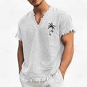 economico Tropische Urlaub-T-Shirts-T-shirt da uomo con scollo a V in misto lino e cotone con stampa di palme, orlo a vivo, ideale per l'estate, la spiaggia, le vacanze al mare, maniche corte, morbida e casual, alla moda, taglie S-3XL.