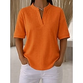  Damskie Podkoszulek Koszulki Henley Top Swetry w wafelkowatej dzianinie Jednokolorowe Elegancki Codzienny Krótki rękaw W serek Zwykłe topy Codzienny Niebieski Czarny Biały Pomarańczowy Zielony Lato