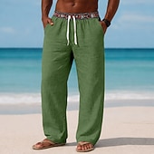 voordelige Vakantie-Voor heren Linnen broek Broek Zomerbroek Wijde broek Strandbroeken Trekkoord Elastische taille Effen Kleur Lichtgewicht Ademend Volledige lengte Dagelijks Buiten Strand Vakantie Modieus Groen Khaki
