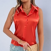 cheap Plain Blouses-Women's Shirt Satin Blouse Dress Shirt Button Up Shirt Solid Color Plain Elegant Fashion Casual Sleeveless Turndown Regular Tops Daily Office Work Black White Yellow Red Purple Summer Spring Fall