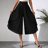 cheap Wide Leg &amp; High Waisted-Women's Trousers Capri Pants Casual Pants Summer Pants Elegant Fashion Casual Daily Calf-Length High Waist Solid Color Plain Layered Wide Leg Elastic Waistband Comfort Lightweight Soft Inelastic