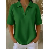  Damskie Podkoszulek Koszulki polo Koszulki Swetry w wafelkowatej dzianinie Równina Moda Elegancki Podstawowy Krótki rękaw Kołnierzyk koszuli Zwykłe topy Codzienny Wyjściowe Weekend Niebieski Czarny