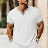 お買い得  ベーシックTシャツ-男性用 ワッフルTシャツ Tシャツ 半袖シャツ ティートップ 半袖 Ｖネック 夏 春 純色 ストリートファッション スタイリッシュ カジュアル パッチワーク 日常 アウトドア ストリートウェア ワイン メンズトップTシャツ