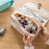 abordables stockage de bagages et de voyage-Trousse de toilette en sergé, grande capacité, portable et multifonctionnelle, idéale pour les voyages. Trousse de toilette unisexe avec crochet de suspension, pochette à maquillage, organisateur de