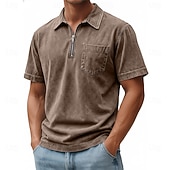 halpa Miesten klassinen poolopaita-SoftFade™ Miesten Vetoketjullinen Polo 100% Puuvillaa Happopesu Paita Rentoa Päivittäinen Käyttö Neljännes Vetoketju Lyhythihainen Muoti Perus Yksinkertainen Denim Tasku Haalistunut Kesä Kevät
