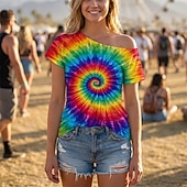cheap Tops-Retro Vintage 1980s T-shirt One Shoulder Short Sleeves Hippie Disco Tie Dye Print Fancy Dress Women's Unisex Halloween Carnival Casual Music Festival Retro Theme Party Adults Adults' T-shirt Summer