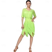 abordables Vestidos de Práctica-Baile Latino Vestido Pedrería Borla Mujer Fiesta Entrenamiento Rendimiento Media Manga Cintura Alta Nailon Encaje Licra