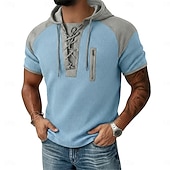  رجالي وافل هينلي قميص تي الأعلى كم قصير مع قبعة ربط الحذاء حتى الرقبة الصيف الربيع كل الفصول بقع موضة مصمم كاجوال مكعبات الألوان فضفاض مناسب للبس اليومي الأماكن المفتوحة أزرق فاتح أسود نبيذ