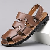 abordables Sandalias casuales-Sandalias de cuero negras con correa ajustable para hombre: transpirables, ligeras, cómodas para exteriores y uso informal de verano.
