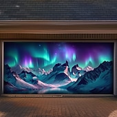 cheap Garage &amp; Door Banners-Northern Lights Aurora Borealis Winter Mountain Snowy Pine Forest Starry Night Sky Frozen River Garage Door Banner Outdoor Wall Decor Holiday Mural Christmas Decoration Backdrop