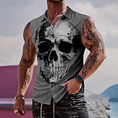  Per uomo Teschio Scheletro Camicia Camicia con Bottoni Maglietta senza maniche Senza Maniche Stile gotico oscuro All'aperto Casual Estate Primavera Collo ripiegato Stampa 3D Due tasche anteriori Nero