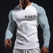 abordables T-shirts de sport et de gym-T-shirt henley raglan à manches longues pour homme, style sportif et motivant, avec slogan « Not Dead Yet » (pas encore mort), coupe ajustée, en maille gaufrée texturée, idéal pour la salle de sport,