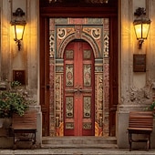 olcso Garázs- és ajtózászlók-ősi arab piros fa ajtó díszes mór boltív bonyolult virágfaragás 3D realisztikus szövet ajtó banner borító otthoni belső szoba dekoráció bejárat party háttér