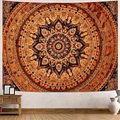 baratos Tapeçarias de Parede-Tapeçaria de parede mandala boêmia em tons de laranja queimado, com intrincado medalhão floral, arte étnica tribal boho para decoração de casa, sala de estar, quarto ou escritório.