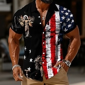  Camisa Masculina dos EUA 250º Aniversário Jesus Camisa com Botão Camisa de Manga Curta Patriótica ao Ar Livre Férias Verão Primavera Gola Turnedown Camisas Impressão 3D Pretas 1 Preta