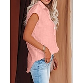 cheap Plain Blouses-Women's Blouse Cotton Shirt Buttons Solid Color Vintage Daily Stylish Short Sleeve Shirt Collar Regular Tops Daily Blue Black White Pink Wine Summer Spring