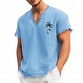 economico Tropische Urlaub-T-Shirts-T-shirt da uomo con scollo a V in misto lino e cotone con stampa di palme, orlo a vivo, ideale per l'estate, la spiaggia, le vacanze al mare, maniche corte, morbida e casual, alla moda, taglie S-3XL.