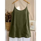 baratos Blusas Simples-Regata feminina com bolso, lisa, moderna, elegante, clássica, sem mangas, gola redonda, ideal para uso diário, passeios e fins de semana. Cores: azul, preta, branca, amarela, rosa. Verão e primavera.