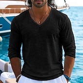 Недорогие Хлопковые Льняные Футболки-Муж. Футболка Футболка из льна Длинный рукав V-образный вырез Лето Весна Весна лето Сплошной цвет Полотняное плетение Текстура Повседневные На каждый день Уличный стиль Гладкая ткань