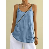 baratos Blusas Simples-Regata feminina com bolso, lisa, moderna, elegante, clássica, sem mangas, gola redonda, ideal para uso diário, passeios e fins de semana. Cores: azul, preta, branca, amarela, rosa. Verão e primavera.